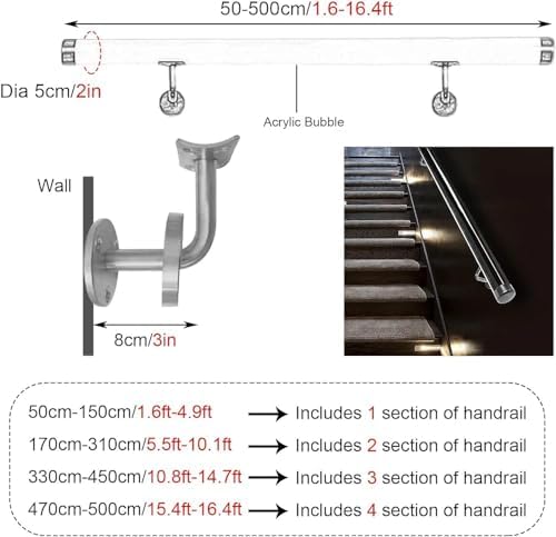 Stairs Handrail for Indoor Interior Staircase, Transparent Acrylic Grab Bars/Wall Mounted HD Clear Crystal Hand Railings, Silver Complete Kit(Size:3ft/90cm)