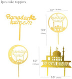 4 PCS Gold Ramadan Mubarak Cake Topper Muslim Cake Decoration Ramadan Kareem Cake Toppers for Birthday Party,Muslim Islam Party Decorations