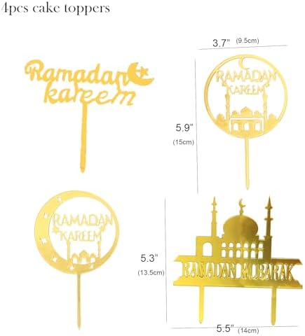 4 PCS Gold Ramadan Mubarak Cake Topper Muslim Cake Decoration Ramadan Kareem Cake Toppers for Birthday Party,Muslim Islam Party Decorations