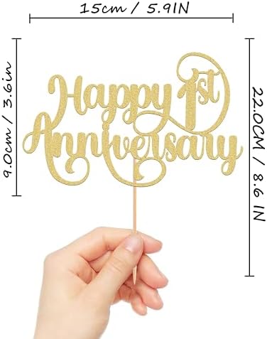 Happy 1st Anniversary Cake Topper - Glitter Golden First Wedding Anniversary Cake Decorations, Perfect for 1st Wedding Anniversary, First Birthday Party or Photo Booth Props