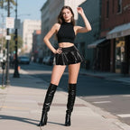 Black Latex Metallic Skirt PU Leather Skirt Short Double Layered Ruffle Pleated Mini Skater Micro Skirt for Women Party