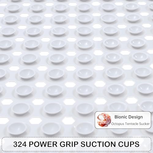 Linoows Non-Slip Bathtub and Shower Mats, Power Grip Bath Mat 35 x 16.3 Inch with Suction Cups and Drain Holes for Tub Bathroom Floor Safety, Machine Washable Soft Bathmat, White