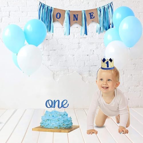 Happy 1st Birthday Cake Toppers Blue Glitter 1st Anniversary Cake Topper 1 Years Loved Bday Decorations One Blue Birthday Cake Decorations First Party Supplies for Women Men