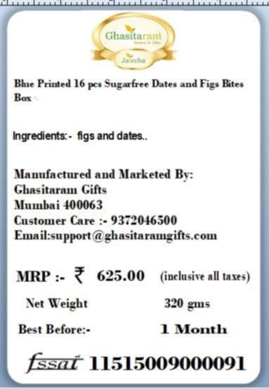 Ghasitaram Gifts Diwali Gifts Sweets- Blue Printed 16 pcs Sugarfree Dates and Figs Bites Box