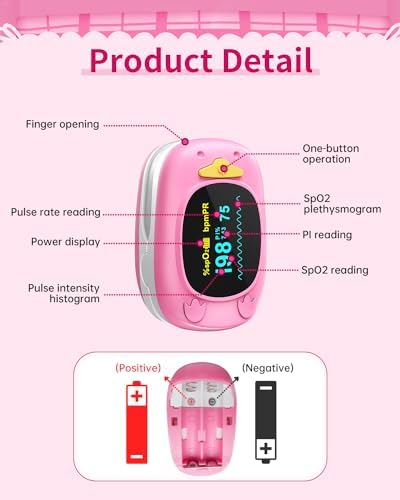 Pulse Oximeter Fingertip, Oxygen Monitor for Kids Children HealthTree Blood Oxygen Saturation Heart Rate Monitor with Large Display, Included with 2 AAA Battery, Automatic Shut-Down
