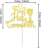 1 PCS First Holy Communion Cake Topper Glitter Christian Baby Baptism Cake Pick God Bless Cake Decorations for First Communion Theme Baby Shower Birthday Party Supplies Gold