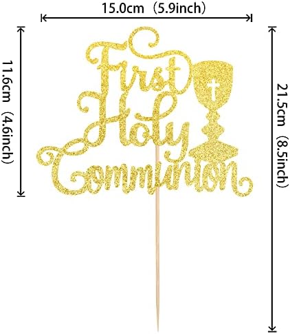 1 PCS First Holy Communion Cake Topper Glitter Christian Baby Baptism Cake Pick God Bless Cake Decorations for First Communion Theme Baby Shower Birthday Party Supplies Gold
