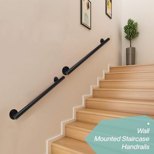 2.2 FT Black Metal Heavy Duty Hand Rails for Indoor Stairs, 27 Inch Wall Mounted Staircase Handrail - Outdoor Stair Railings Kit for Garage, Basement, Porch Steps, Deck Rails, Safety Grab Bars