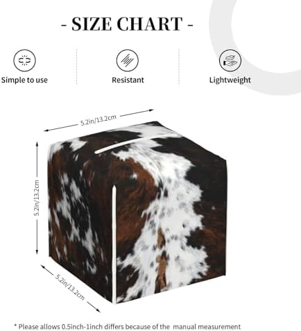 Cowhide, Cow Skin Print Pattern Square Leather Tissue Box Cover - Decorative Organizer for Bathroom Vanity, Nightstand & Countertop | Non-Slip Base & Easy Refill Design