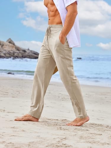 PASLTER Mens Casual Linen Pants Loose Fit Elastic Drawstring Waist Straight-Legs Summer Yoga Beach Long Pants
