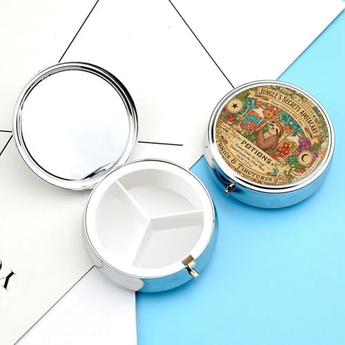 3 Compartment Travel Pill Case, Portable Round Pill Box for Pocket or Purse, Decorative Metal Medicine Vitamin Organizer. (Cute Sloth)