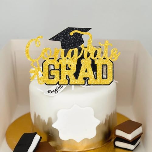 Congrats Grad Cake Topper Graduation Party Table Ideas Glitter Junior High School College University Decorations Gold
