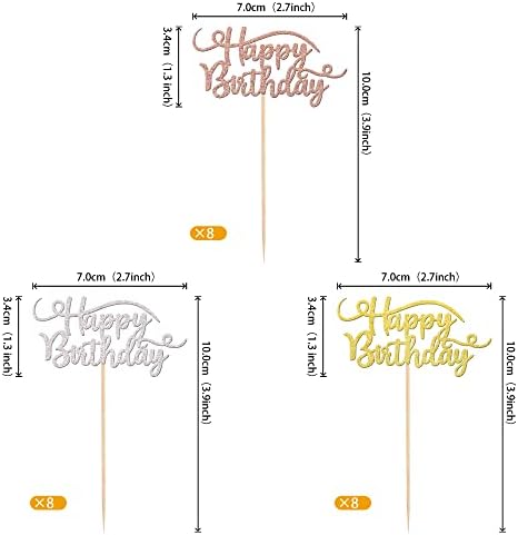 Rsstarxi 24 Pack Happy Birthday Cupcake Toppers Glitter Birthday Cupcake Food Picks for Celebrating Happy Birthday Party Cake Decorations Supplies Gold Rose gold Silver