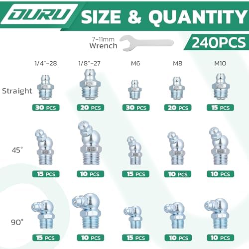 OURU Grease Fittings Assortment, 240PCS SAE & Metric Zerk Grease Fittings NPT 1/4" 1/8" M6 M8 M10, Straight 45 90 Degree Grease Nipple with Wrench Kit(7-11mm) for Grease Gun