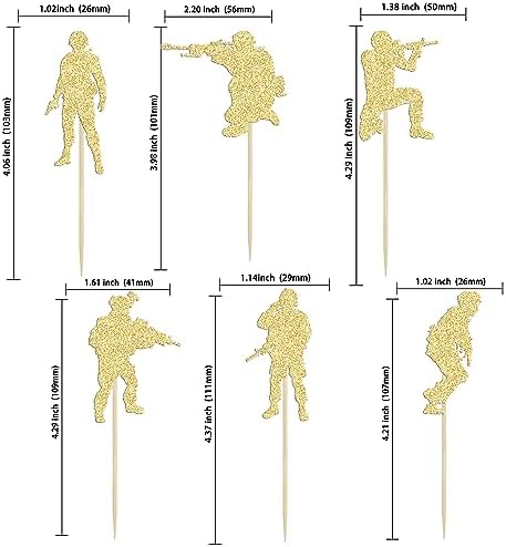 Gyufise 24Pcs Military Soldier Cupcake Toppers Glitter Military Theme Cupcake Picks for Navy Army Special Forces Veteran's Day Men Boys Birthday Party Cake Decorations Supplies Gold