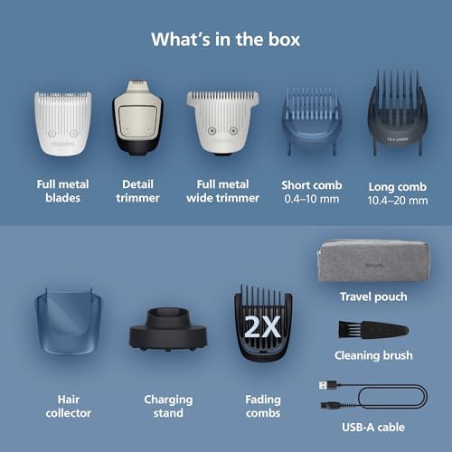 Norelco Philips Beard Trimmer 7000 Series, 100% Waterproof Trimmer for Men, 40 Lock-in Hair Length Settings, BeardSense Power Adaptability, Detail & T-Blade Trimmer Heads, Charging Stand, BT7670/40