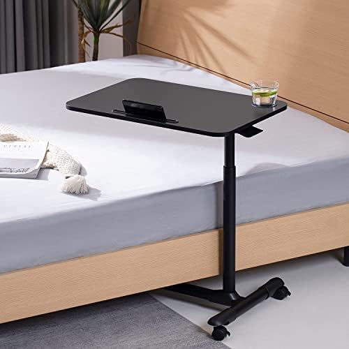 ETHU Overbed Table with Hydraulic Lift, 27.1-34.2 Inch Height Adjustable Bed Table with Lockable Casters - Wood Grain Tabletop with Cup Holder & Charging Slot, 22lbs Capacity Rolling Bedside Desk