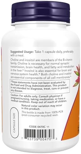 NOW Foods Supplements, Choline & Inositol 500 mg, Healthy Nerve Transmission*, Nervous System Health*, 100 Capsules (Pack of 2)