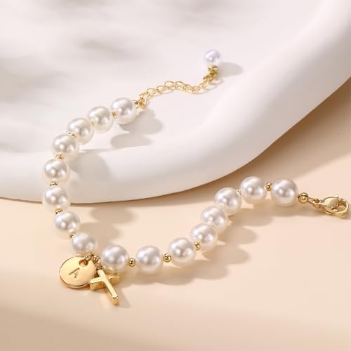 Cross Initial Bracelet Dainty Gold Cross Pearl Bracelet with Letter A-Z Christian Baptism Gifts Religious Faith Jewelry Stocking Stuffers for Teens