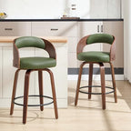 Swivel Bar Stools Set of 2,26" Faux Leather Upholstered Counter Height Barstools with Back,Mid-Century Modern Bar Chairs with Bentwood Legs and Footrest for Kitchen Island Bar Counter Green