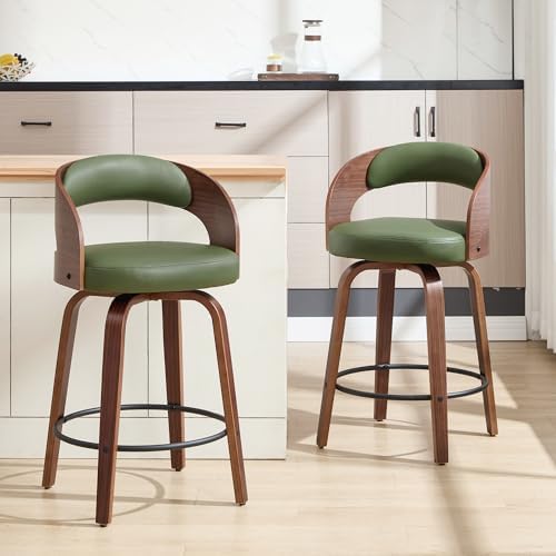 Swivel Bar Stools Set of 2,26" Faux Leather Upholstered Counter Height Barstools with Back,Mid-Century Modern Bar Chairs with Bentwood Legs and Footrest for Kitchen Island Bar Counter Green