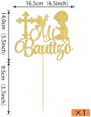 Rsstarxi 1 Pack Spanish Mi Bautizo Cake Topper Baptism Cake Decoration Cross First Holy Communion Cake Pick for Religious God Bless Boy Baptism Baby Shower Party Decoration Gold