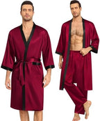 SWOMOG 3Pcs Men's Satin Robe Silk Satin Kimono Bathrobe with Shorts&Pants Set Soft Lightweight Nightwear