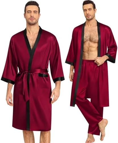 SWOMOG 3Pcs Men's Satin Robe Silk Satin Kimono Bathrobe with Shorts&Pants Set Soft Lightweight Nightwear