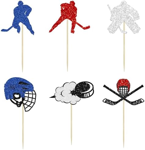 24Pcs Hockey Cupcake Toppers Multi Glitter Hockey Players Cake Toppers Ice Hockey Cake Decorations for Sports Theme Baby Shower Kids Boys Girls Birthday Party Supplies