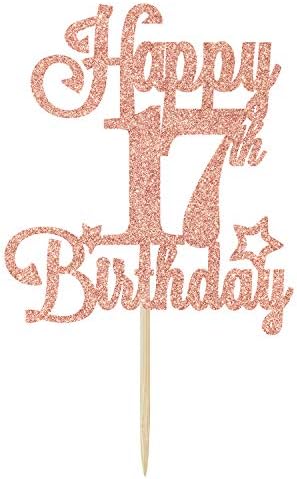 Happy 17th Birthday Cake Topper, Cheers to 17 Years, Hello 17, 17th Birthday Anniversary Party Decorations Rose Gold Glitter