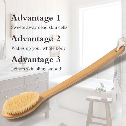 Bamboo Long Handle Back Scrubber Brush,Dry Body Scrubber for Dry Skin, Blood Circulation, Cellulite Treatment,Dry Brush Suitable for All Kinds of Skin with Soft and Stiff Bristles