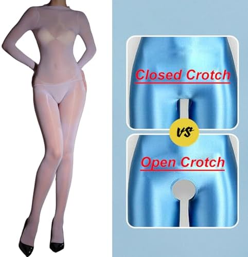 BEFASY Women Men Long Sleeve Oil Shiny Bodystocking Nylon Body Stocking Sheer Catsuit Bodysuit
