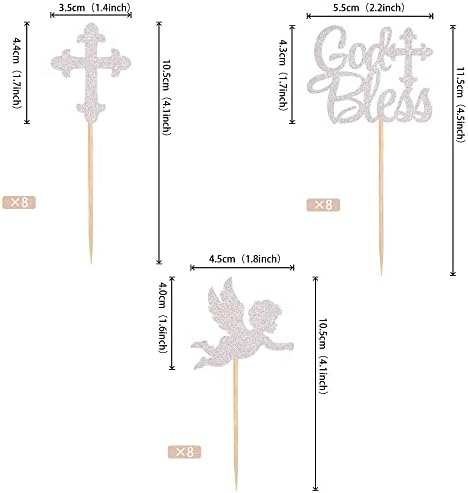 24 Pack God Bless Cupcake Toppers Glitter Cross Angel Cupcake Picks Religious Faith God Bless Cupcake Decorations Theme Baby Shower Kids Birthday Party Cake Decorations Supplies Silver