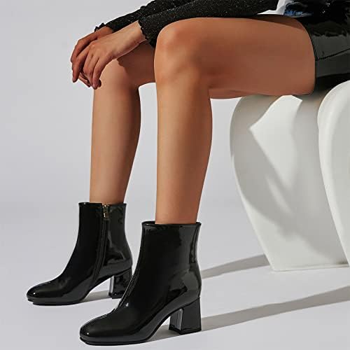 Elbslutt Women's Chunky Heeled Booties Patent Leather Square Toe Ankle Boots Zip Up Block Heel Wide Calf Short Boots