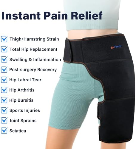LotFancy Hip Brace with Hot Cold Pack, Hip Ice Pack Wrap for Women and Men, Groin Compression Wrap for Sciatica, Pulled Hamstring, Arthritis, Thigh Injuries, Bursitis Pain Relief