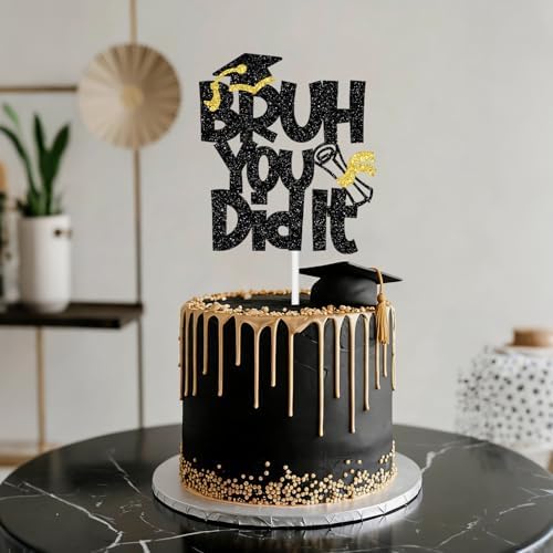 Black Glitter Bruh You Did It Cake Topper, Congrats Grad Cake Decor, So Proud of You, Funny 2026 Senior High School College University Graduation Party Decorations Supplies