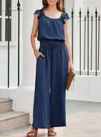 Dokotoo Jumpsuits for Women 2026 Summer Ruffle Sleeves Square Neck Rompers Drawstring Overalls with Pockets