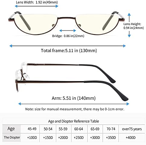 Half Lens Reading Glasses Blue Light Blocking, Half Moon Frame Semi Rim Spring Hinge Readers with Case for Men Women 3 Pack +1.5