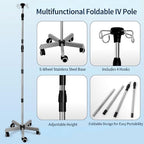 Multifunctional Foldable IV Pole with Wheels, Portable Medical IV Stand with 4 Hooks, Adjustable Height 43-83 Inch, Stainless Steel IV Drip Stand for Hospital, Clinic, Home Use