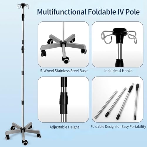 Multifunctional Foldable IV Pole with Wheels, Portable Medical IV Stand with 4 Hooks, Adjustable Height 43-83 Inch, Stainless Steel IV Drip Stand for Hospital, Clinic, Home Use
