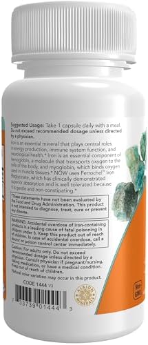 NOW Supplements, Iron 36 mg, Double Strength, Non-Constipating*, Essential Mineral, 90 Veg Capsules