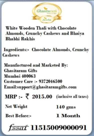 Ghasitaram Gifts Rakhi Gifts for Brothers White Wooden Thali with Chocolate Almonds, Crunchy Cashews and Bhaiya Bhabhi Rakhis