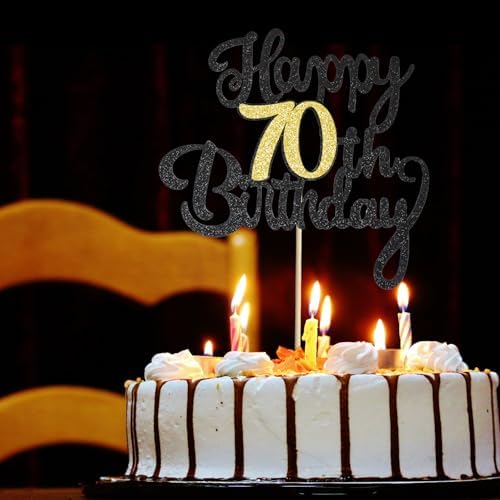 70th Happy Birthday Cake Topper, Glitter Happy 70th Birthday Cake Topper for Birthday Party Cake Decoration(Black with Gold)