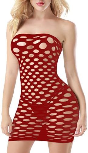 Sexy Womens Strapless Fishnet Lingerie Sleepwear Mini Dress Tube Chemise Bodysuit One Size