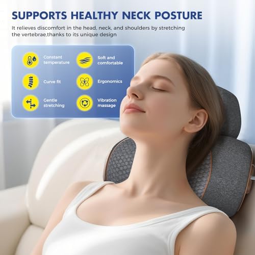 Neck Massager Pillow with Heat, 3-in-1 Shiatsu & Cervical Traction for Pain Relief, Ergonomic Shoulder Massager and Posture Corrector for Men & Women, Corded Electric（Dark Gray）