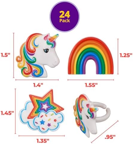 DecoPac Rainbow Unicorn Rings, Cupcake Decorations, Magical Food Safe Cake Toppers, Multi-Coloured – 24 Pack