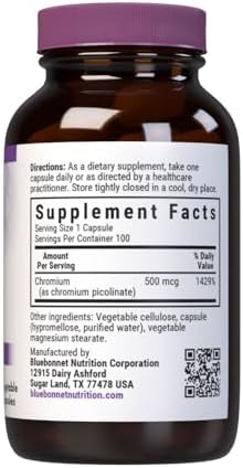 BlueBonnet Nutrition Chromium Picolinate, Soy, Gluten & Dairy Free, Non-GMO, Kosher Certified, Vegan, 500 mcg, 100 Count