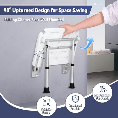 TYYIHUA Folding Shower Seat Wall Mounted, Foldable Shower Bench Shower Stool - Shower Chair for Inside Shower for Adults, Pregnant Women, Elderly and Disabled - Adjustable Height from 16.9" to 20.9"