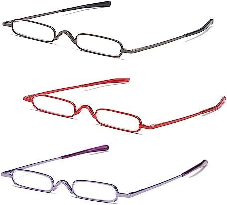 3 Pack Slim Pen Reading Glasses Metal Frame & Case Compact Portable Spring Hinge Eyeglasses for Women Men (Gunmetal, Red, Purple, +2.50)