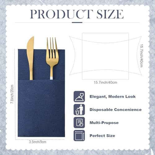 Qilery 50 Pcs Navy Blue Paper Linen Napkins with Built in Flatware Pocket Disposable Airlaid Paper Prefolded Dinner Napkins for Silverware Valentine Wedding Party Christmas Day (Classic)